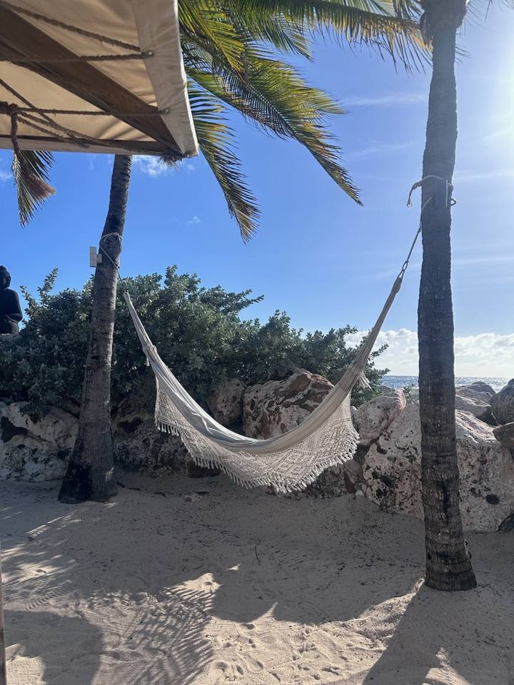 A white hammock between palm trees on the beach at Baoase