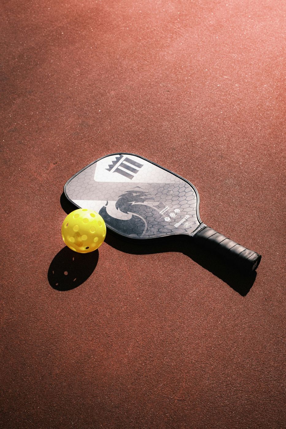 A pickleball paddle and ball resting on a sunny court