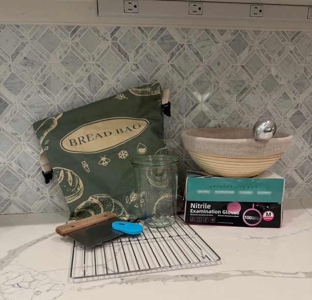 Flatlay of sourdough baking tools